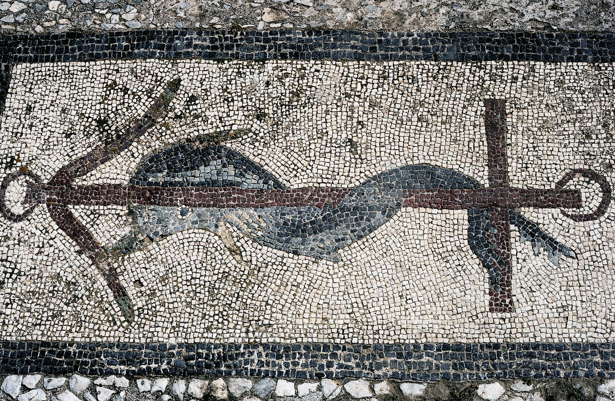 Mosaik, das einen Delfin und einen Anker darstellt, Insel Delos (UNESCO-Welterbeliste) von Unbekannt Unbekannt