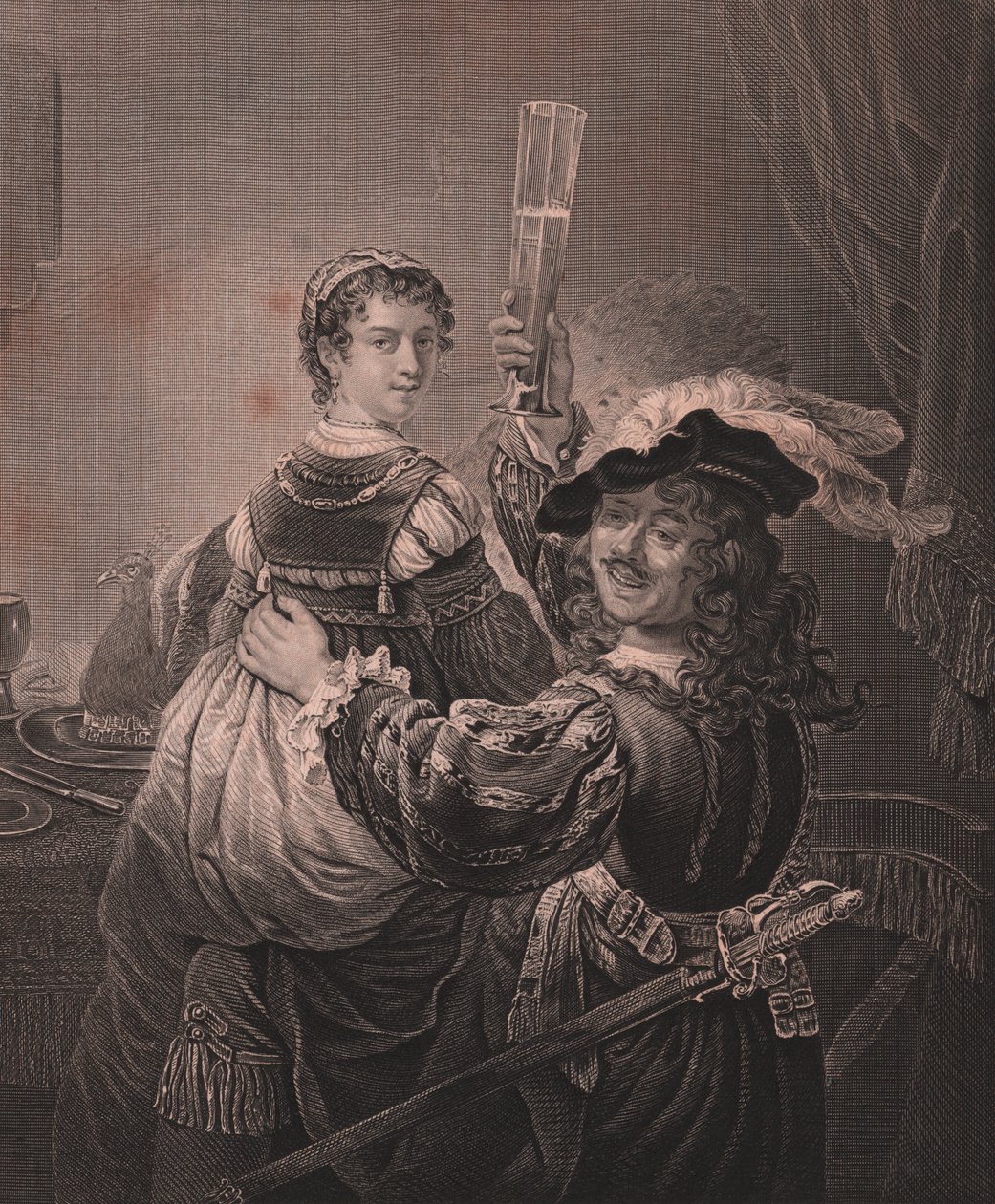 Rembrandt mit seiner Frau Saskia, Stich von H. Payne nach einem Gemälde von Rembrandt, aus Payne