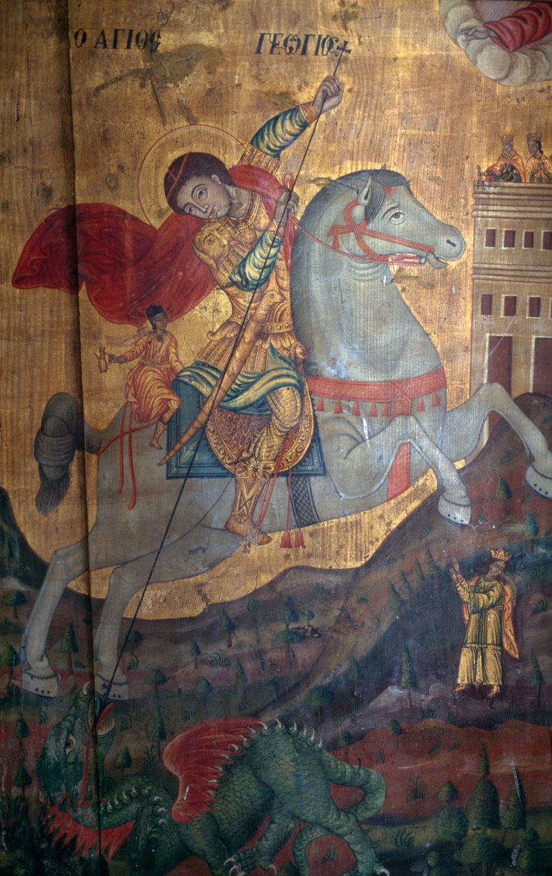 St. Georg und der Drache, Detail des Holzpaneels in der Kirche Agia Paraskevi, Anisaraki, Kreta, Griechenland (Detail) von Unbekannt Unbekannt