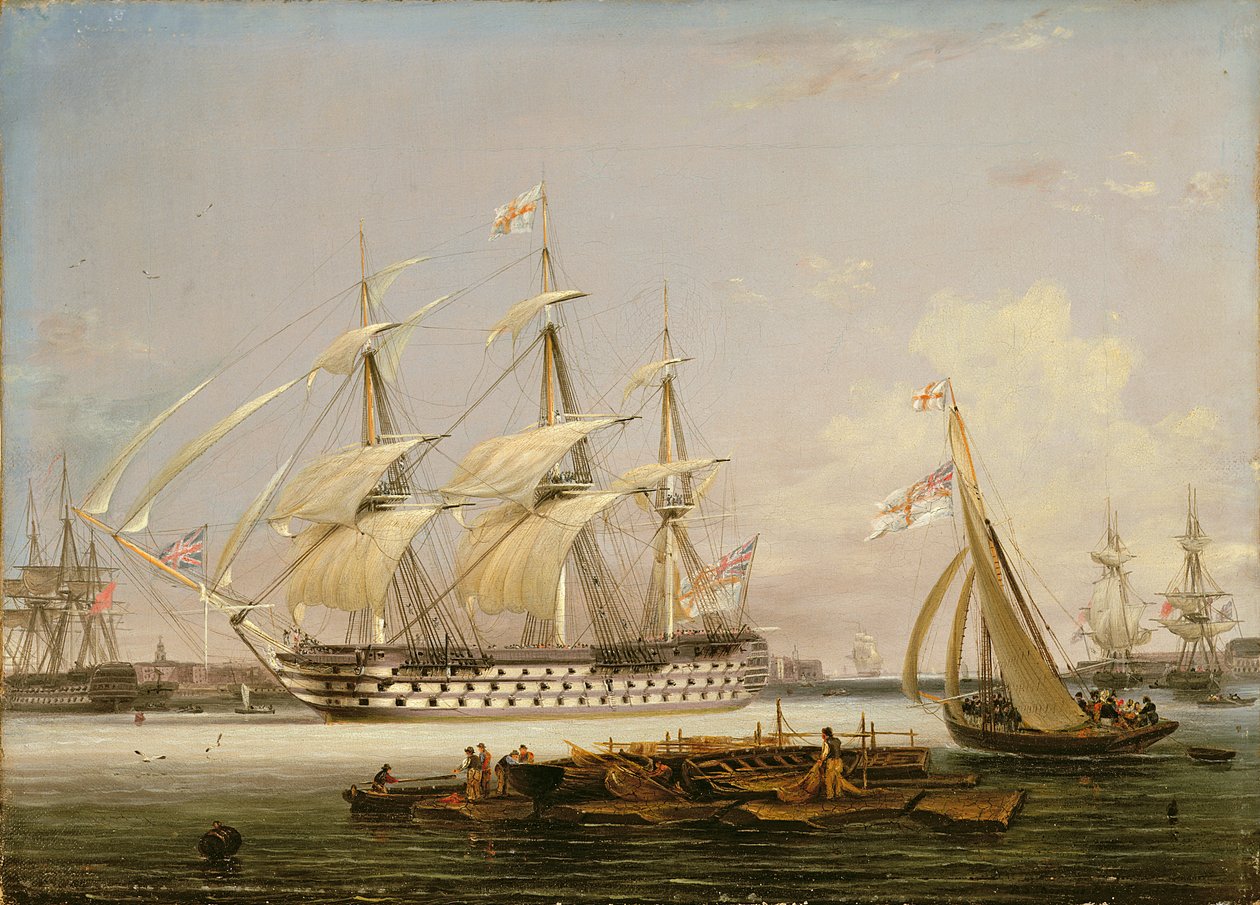 Ein Dreidecker läuft in den Hafen von Portsmouth ein, 1836 von Lieutenant Robert Strickland Thomas