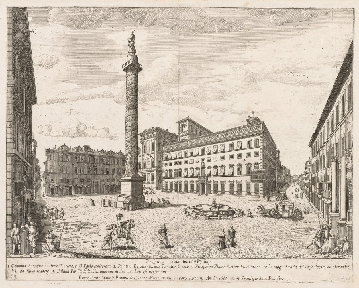 Piazza Colonna aus "Prospectus Locurum Urbis Romae Insign[ium]" von Lievin Cruyl