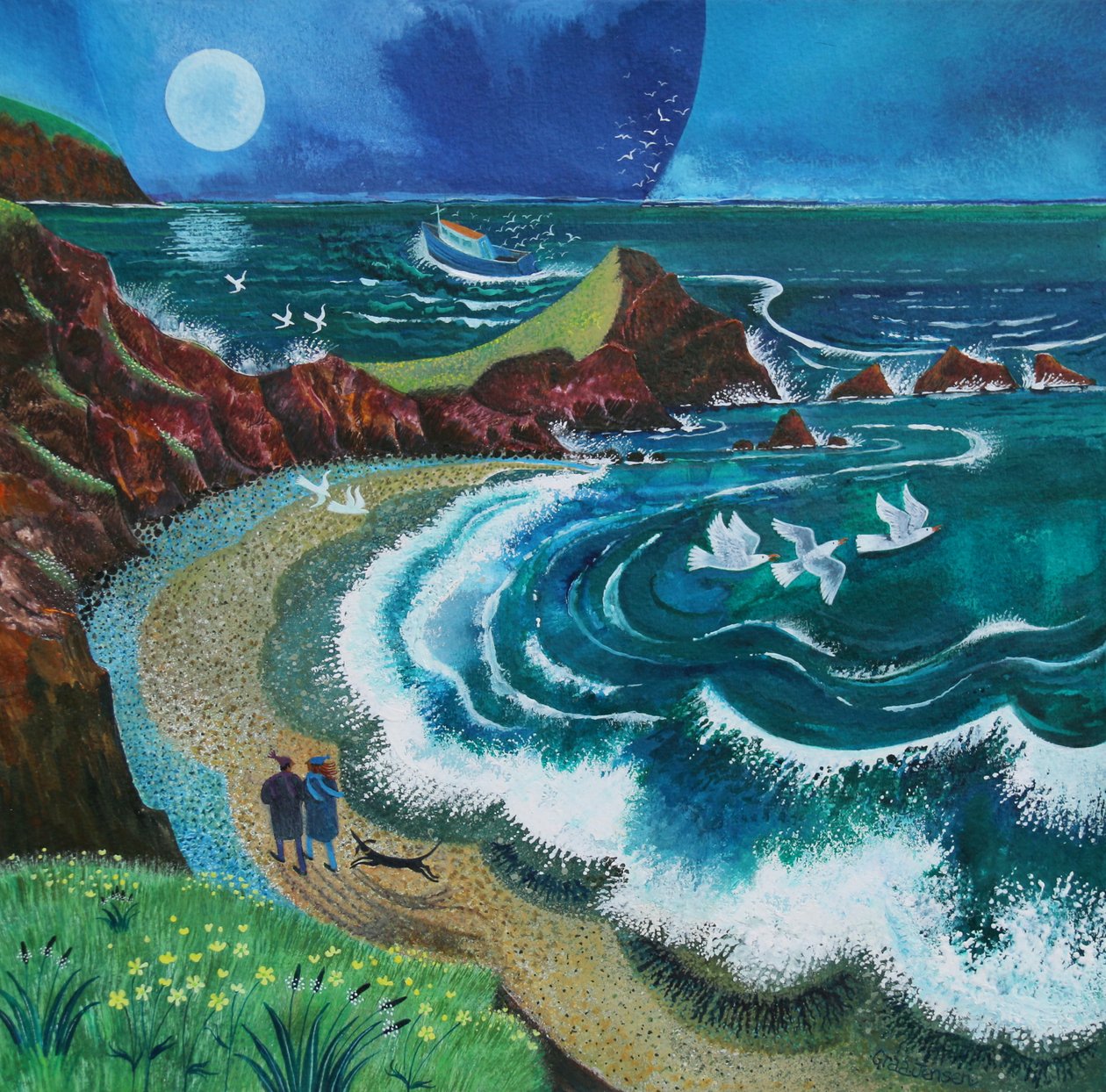 Spaziergänger in Hartland Bay, 2019 von Lisa Graa Jensen