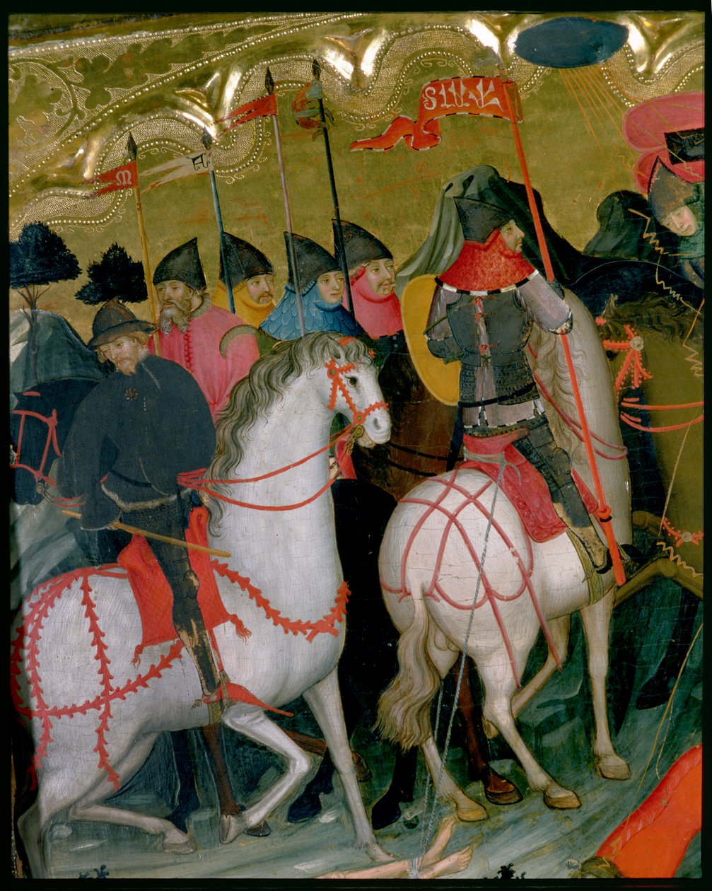 Berittene Soldaten, Detail vom Altarbild der Jungfrau und des hl. Georg, ca. 1390-1400 von Lluís Borrassà