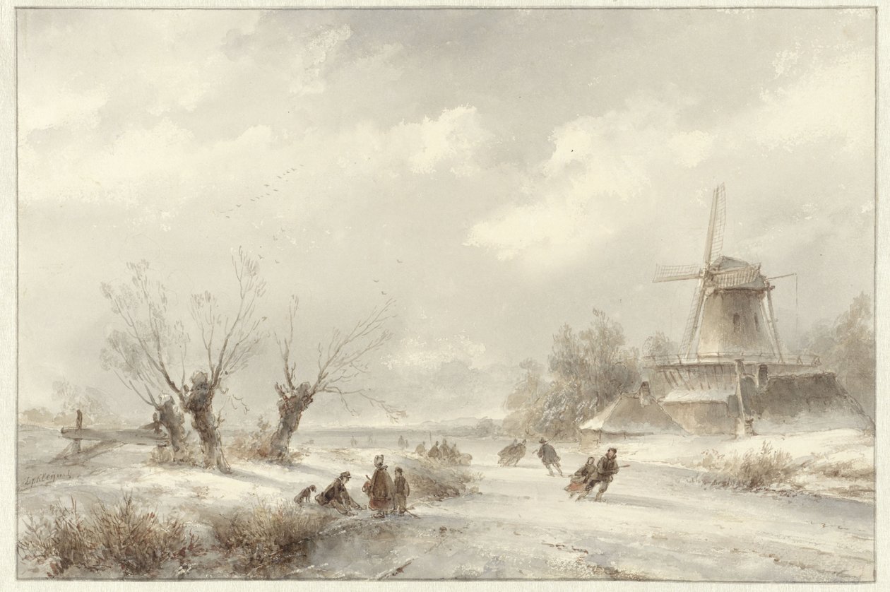 Winterlandschaft mit Schlittschuhläufern bei einer Mühle von Lodewijk Johannes Kleijn