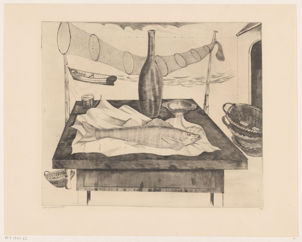 Stillleben mit Fisch, Flasche und Fischernetz von Lodewijk Schelfhout (signed by artist)