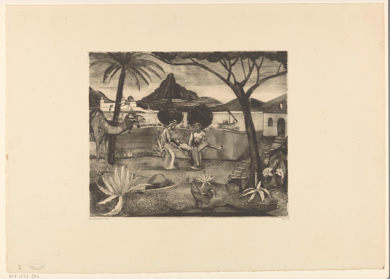 Zwei Männer, die in einem Garten einen Mann tragen von Lodewijk Schelfhout (signed by artist)