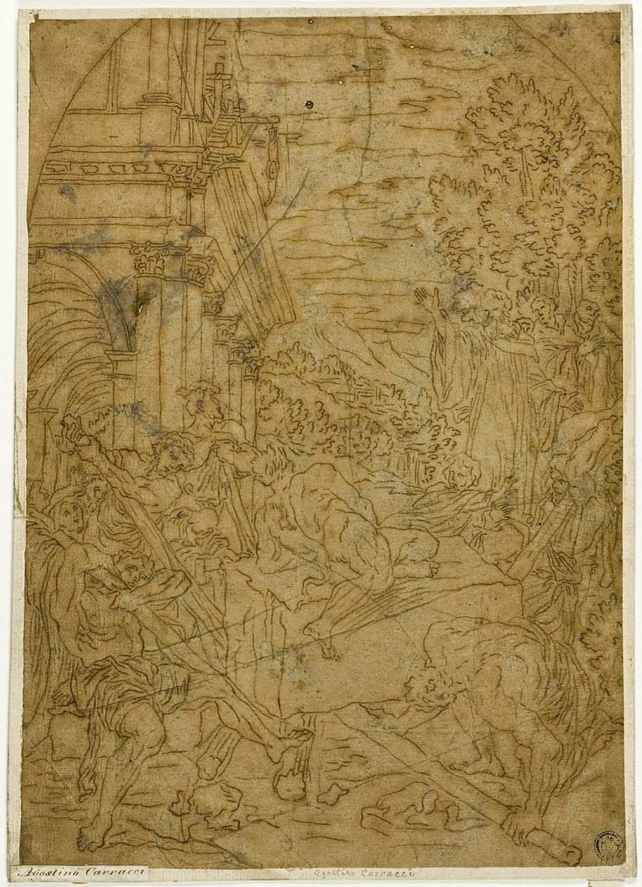 Der heilige Benedikt bewegt den Stein, den ein Dämon unbeweglich gemacht hatte von Lodovico Carracci