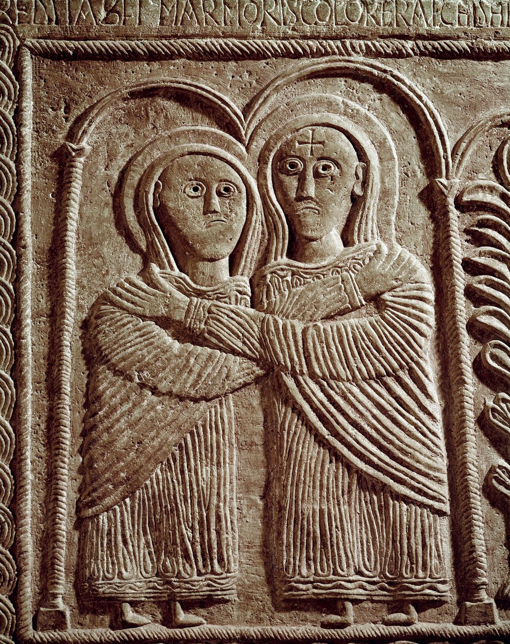 Archäologie des Mittelalters. Barbarische Kunst der Lombardei: Heimsuchung, Heilige Elisabeth und Heilige Maria. Skulptur, lombardische Kunst von Lombard School