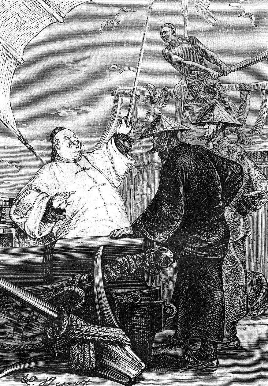 Zeichnung von Leon Benett, aus Jules Vernes Buch „Die Leiden eines Chinesen in China“ - Hetzel-Ausgabe/Außergewöhnliche Reisen 1879. von Léon Benett