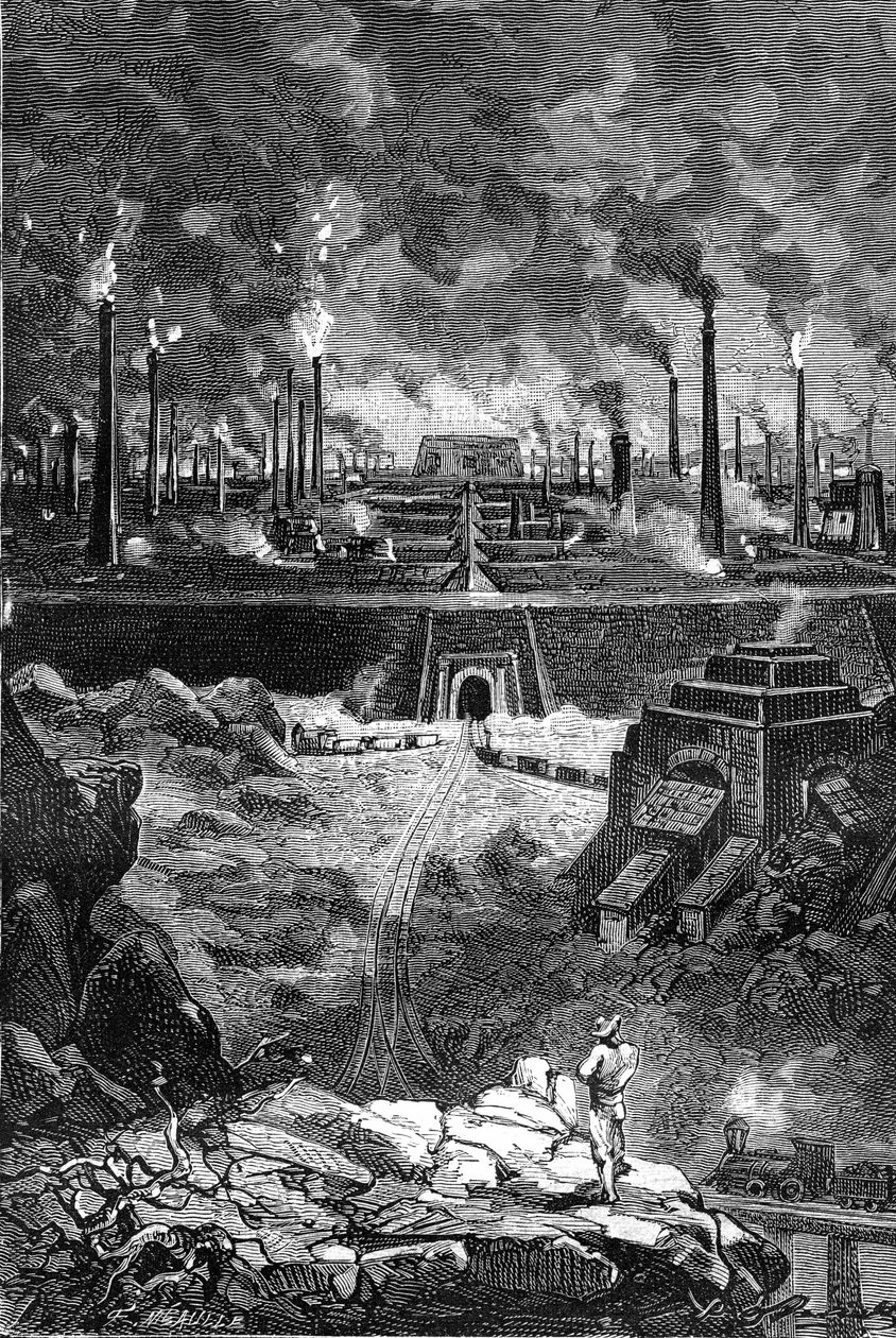 Zeichnung von Leon Benett, aus dem Buch von Jules Verne „Die 500 Millionen der Begum“ - Ausgabe Hetzel/Außergewöhnliche Reisen 1879. Ansicht der „Stahlstadt“, gigantisches Fabrikensemble (Hochöfen - Stahlgießereien) von Léon Benett