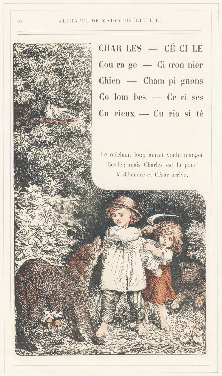 Charles, Cecile, Courage, Zitronenbaum, Hund, Pilze, Tauben, Kirschen, Neugierig, Neugier, Seite 16 - Alphabet von Mademoiselle Lili, von L. Froelich und von einem Vater (Hetzel selbst). Bibliotheque & Magasin d