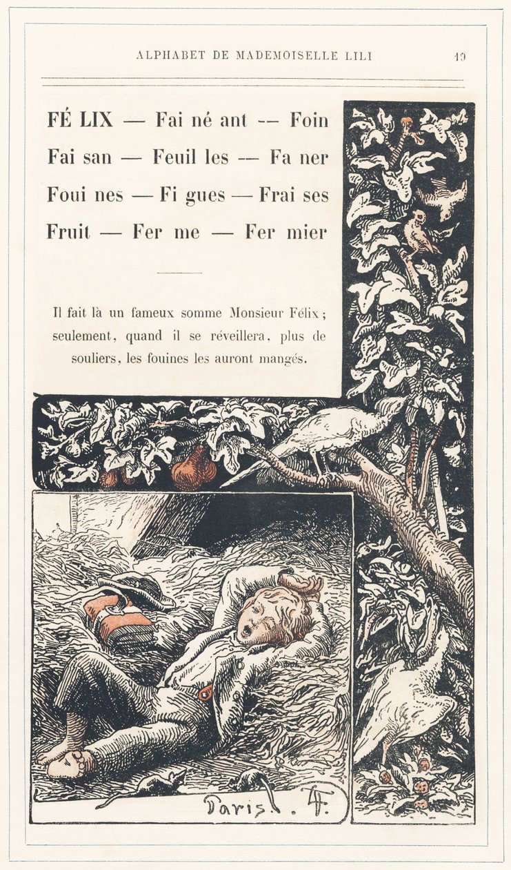 Felix, Heu, Fasan, Blätter, Faner, Wiesel, Feigen, Erdbeeren, Obst, Bauernhof, Bauer, Seite 19 - Alphabet von Mademoiselle Lili, von L. Froelich und von einem Vater (Hetzel selbst). Bibliotheque & Magasin d