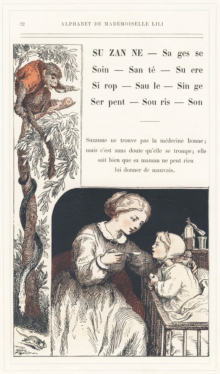 Suzanne, Weisheit, Pflege, Gesundheit, Zucker, Sirup, Weide, Affe, Schlange, Maus, Klang, Seite 32 - Alphabet von Mademoiselle Lili, von L. Froelich und von einem Vater (Hetzel selbst). Bibliotheque & Magasin d