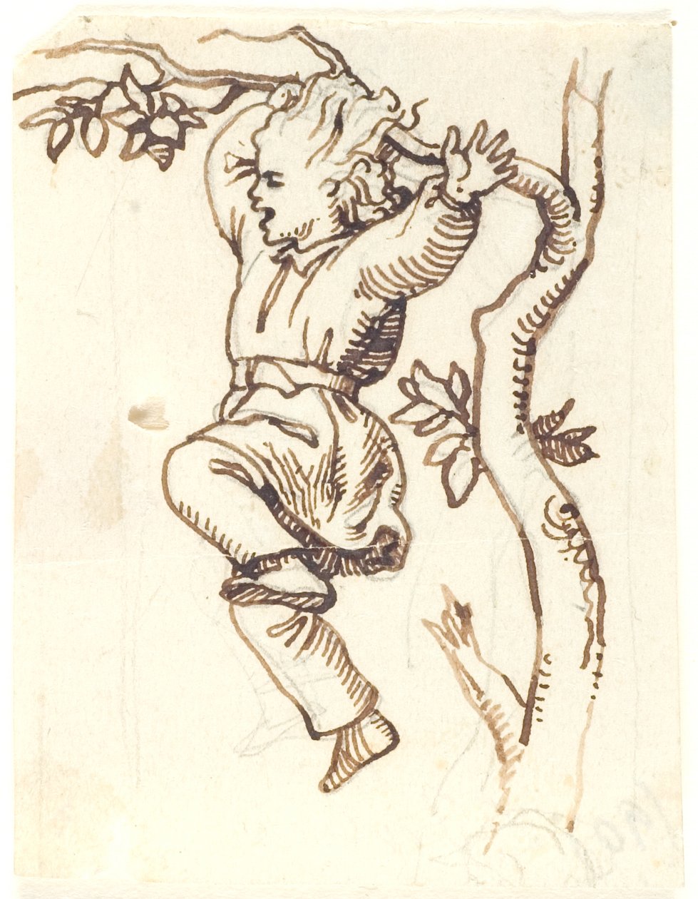 Junge, der an einem Ast in einem Baum hängt von Lorenz Frølich