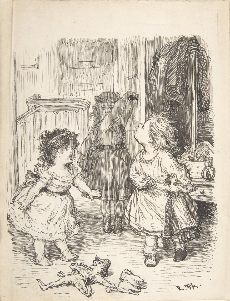 Drei kleine Mädchen in einem Raum streiten und spucken, 1835-1903 von Lorenz Frølich