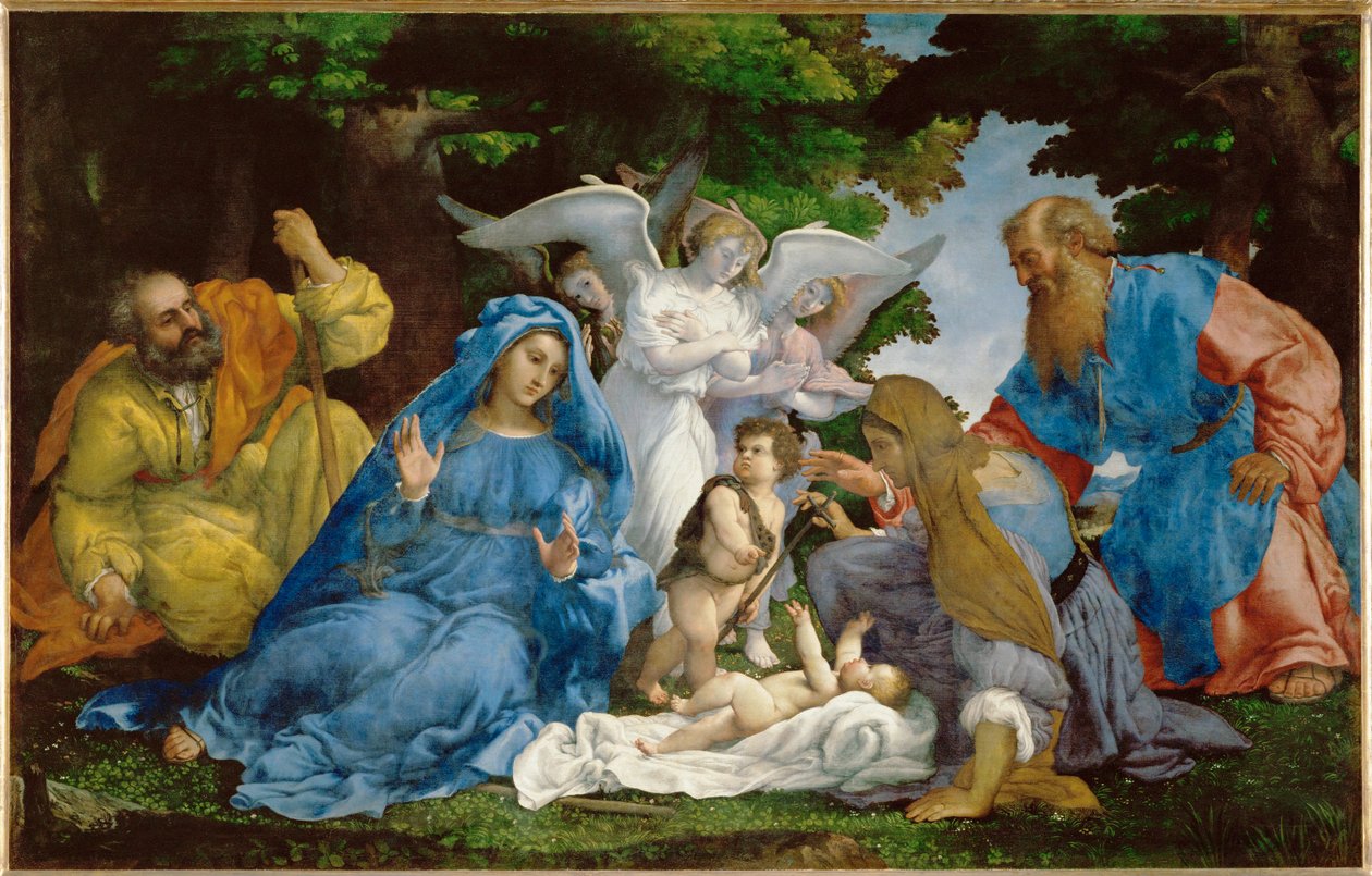 Die Heilige Familie mit drei Engeln, junger Heiliger Johannes von Lorenzo (workshop of) Lotto