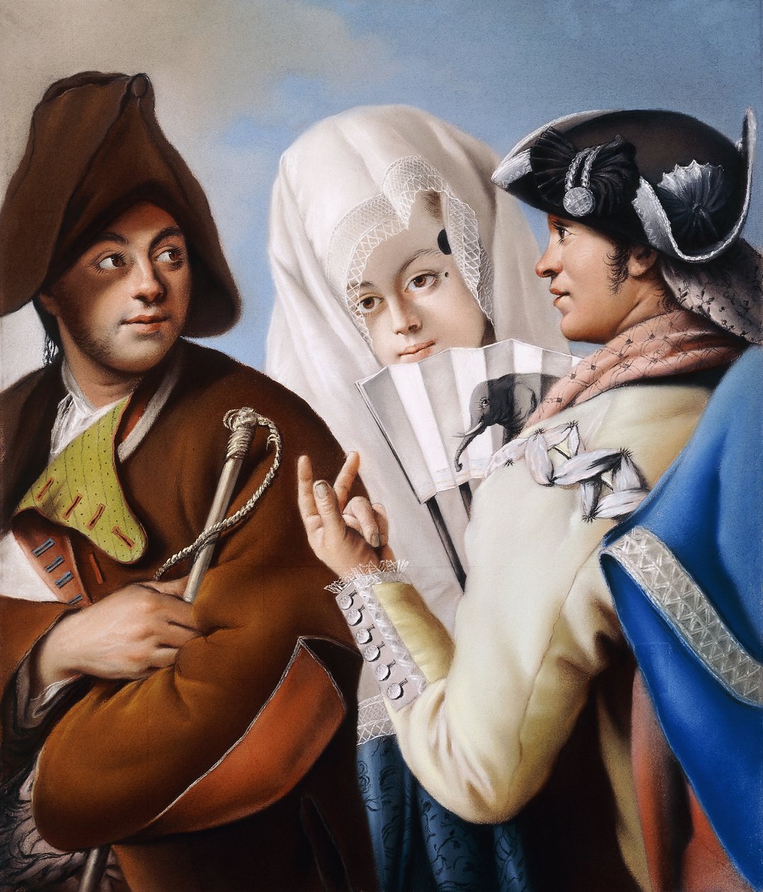 Ein Herr in einer phrygischen Mütze wird von einem Herrn in einem gelben Mantel und einem schwarzen Dreispitz angesprochen, mit einer Dame in einem blauen Brokatkleid und einer weißen Mantilla von Lorenzo Baldissera Tiepolo