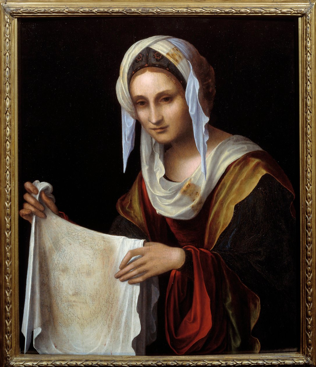 Heilige Veronika. Das Heilige Schweißtuch zeigt das Gesicht Christi von Lorenzo Costa