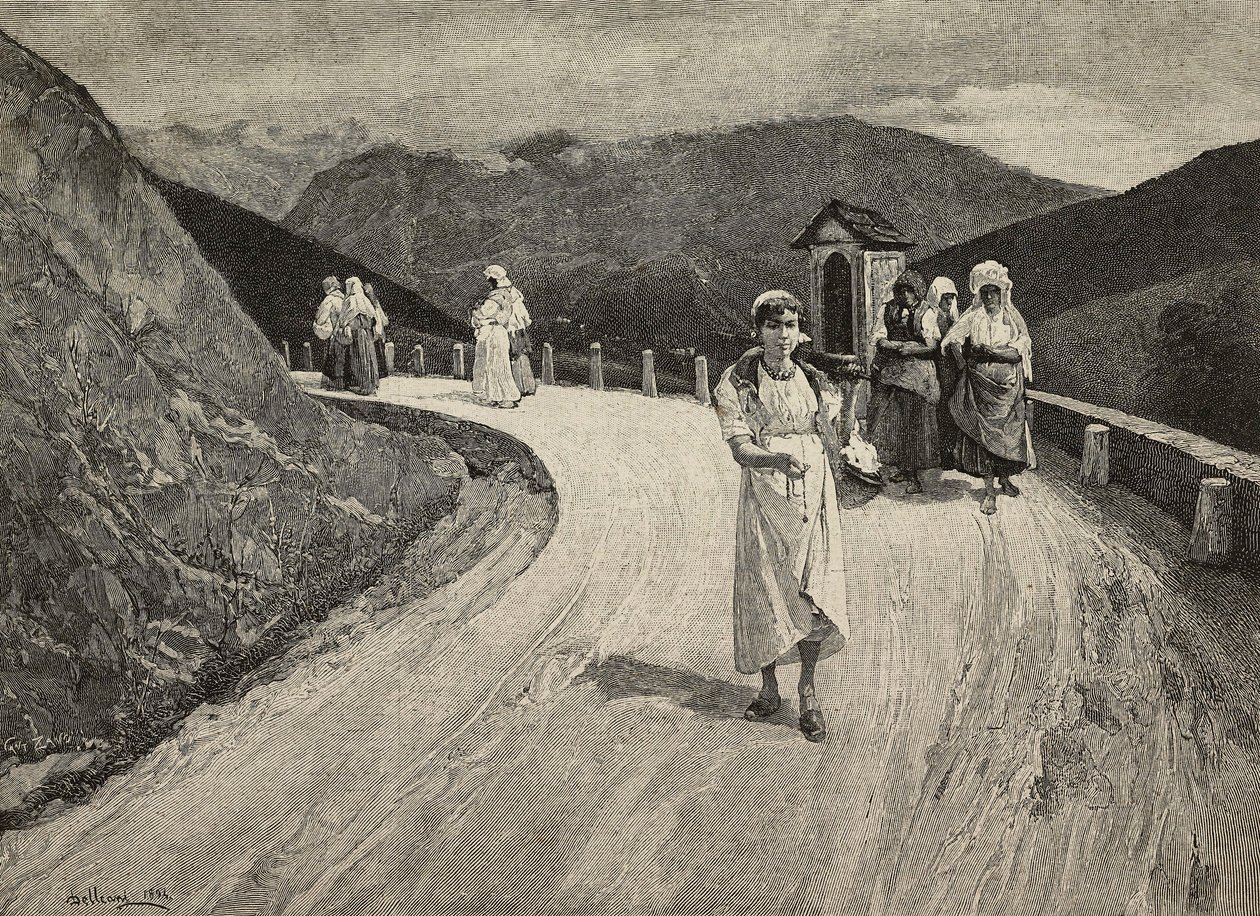 Auf dem Heiligen Weg, weibliche Pilgerin auf dem Weg, Brera, Vereinigte Ausstellungen, Mailand, Italien, Gravur von F. Cantagalli nach einem Gemälde von Lorenzo Delleani (1840-1908) aus L