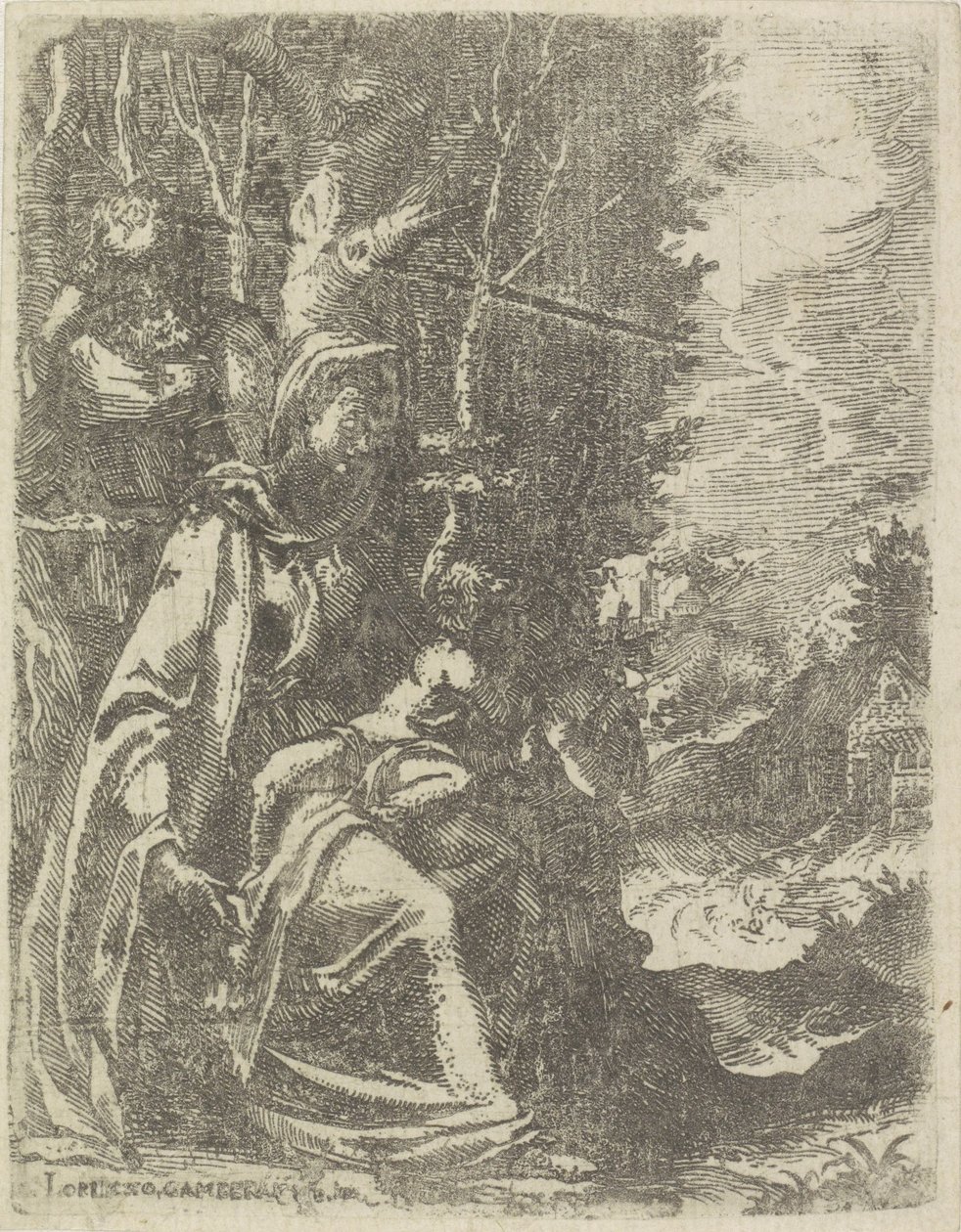 Heilige Familie mit dem jungen Johannes dem Täufer in einer Landschaft von Lorenzo Gamberati
