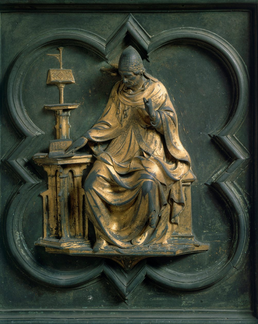 Nordtor (genannt Tor des Kreuzes, Norden), Außendetail: Heiliger Gregor der Große. Bronzeskulptur von Lorenzo Ghiberti (1378-1455) von Lorenzo Ghiberti