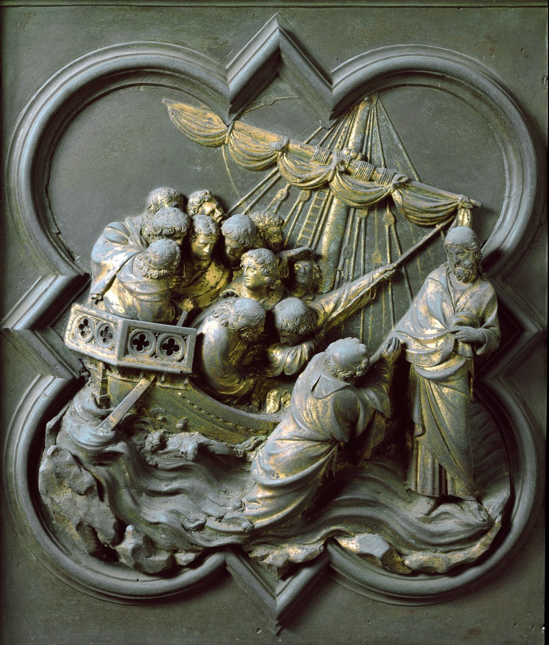 Nordtor (genannt Kreuztor, im Norden), Außendetail: Christus geht auf dem Wasser. Bronzeskulptur von Lorenzo Ghiberti von Lorenzo Ghiberti