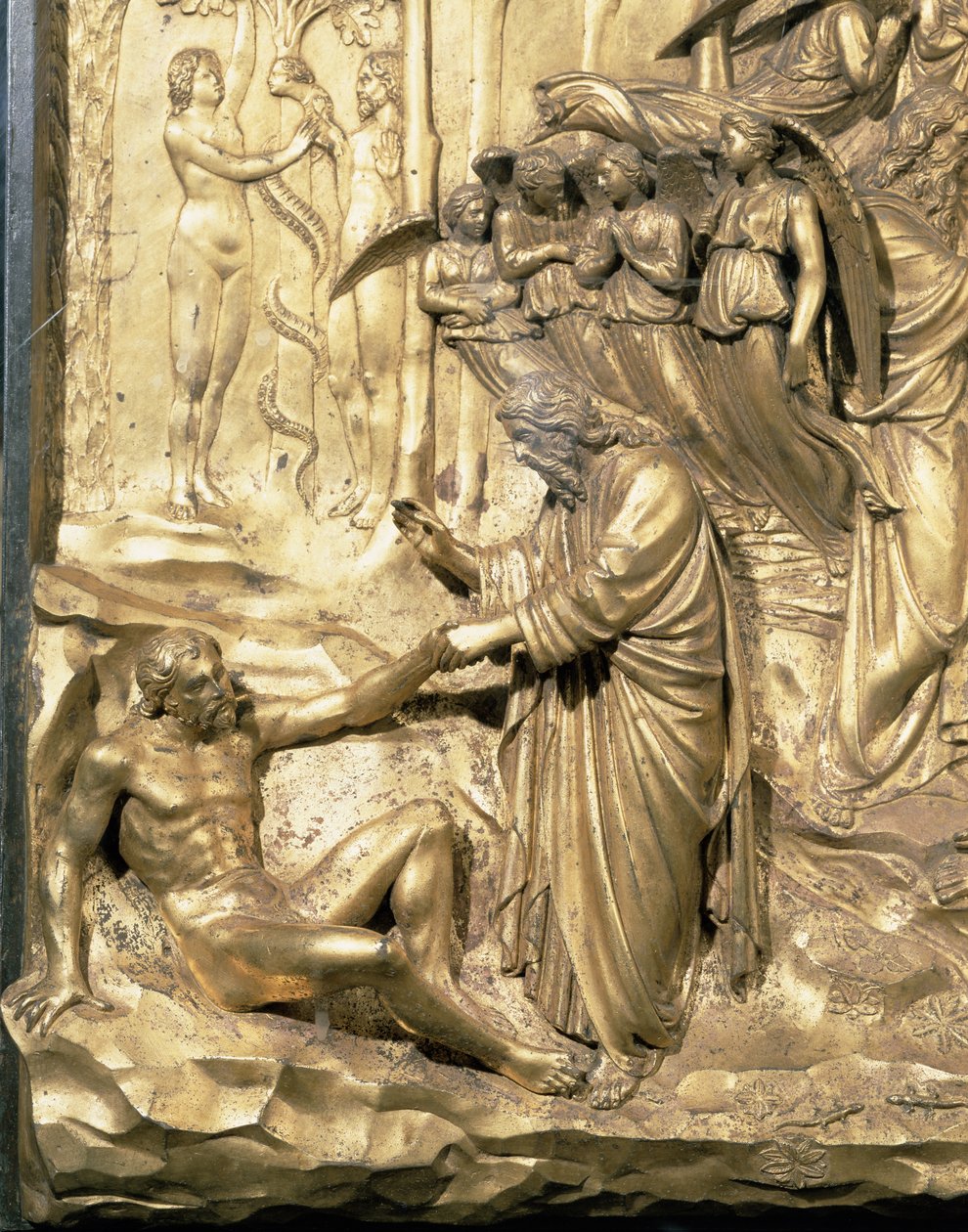 Die Geschichte von Adam, Detail der Erschaffung von Adam und der Versuchung von Adam und Eva, von einem der Originaltafeln der Osttüren des Baptisteriums, 1425-52 (nach Restaurierung) von Lorenzo Ghiberti