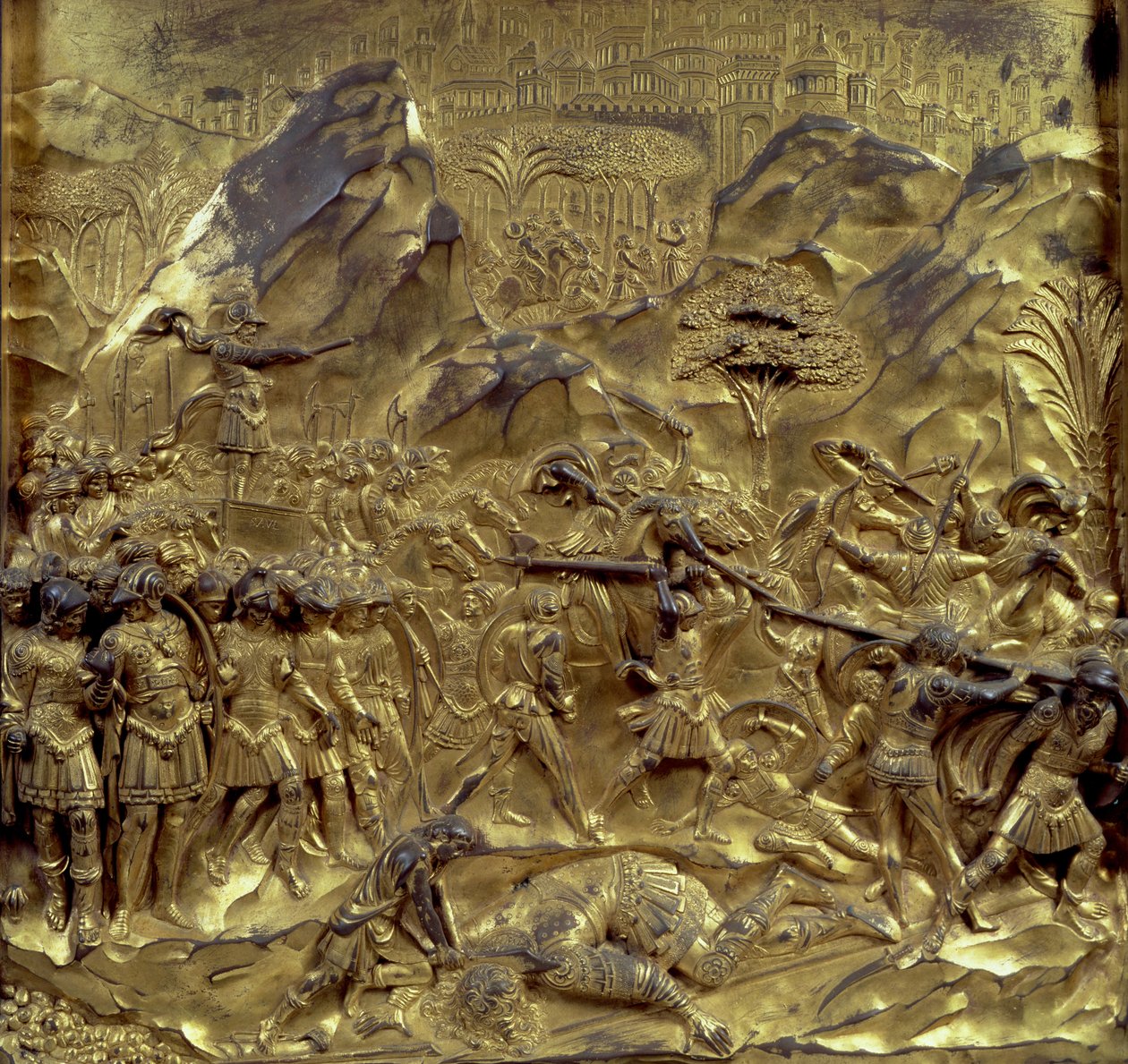 Die Geschichte von David und Goliath, eines von zehn Reliefs von den Paradiespforten (Osttüren), 1425-52 von Lorenzo Ghiberti