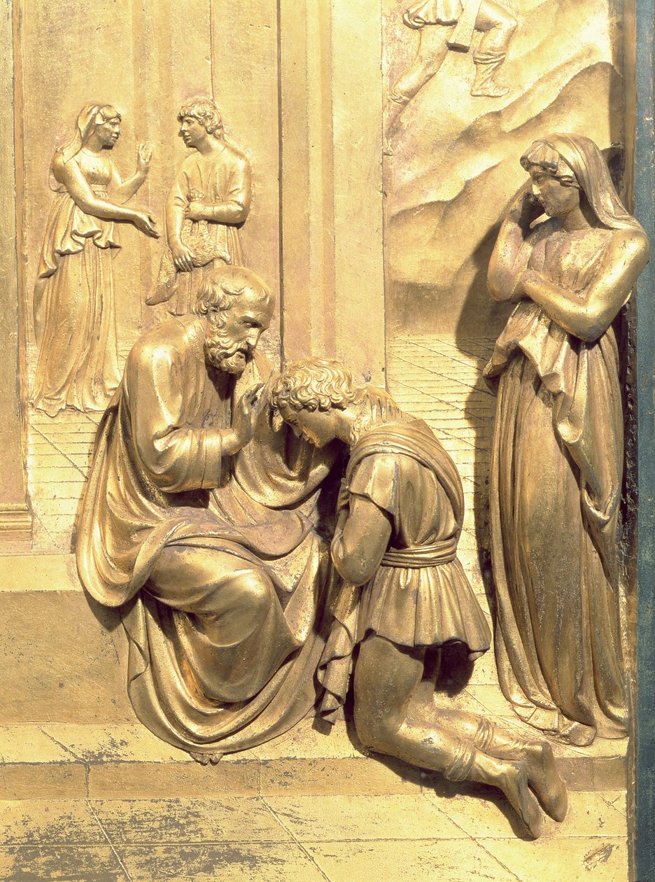 Die Geschichte von Jakob und Esau, Detail von Isaak segnet Jakob, von der Originaltafel der Osttüren des Baptisteriums, 1425-52 (nach Restaurierung) von Lorenzo Ghiberti