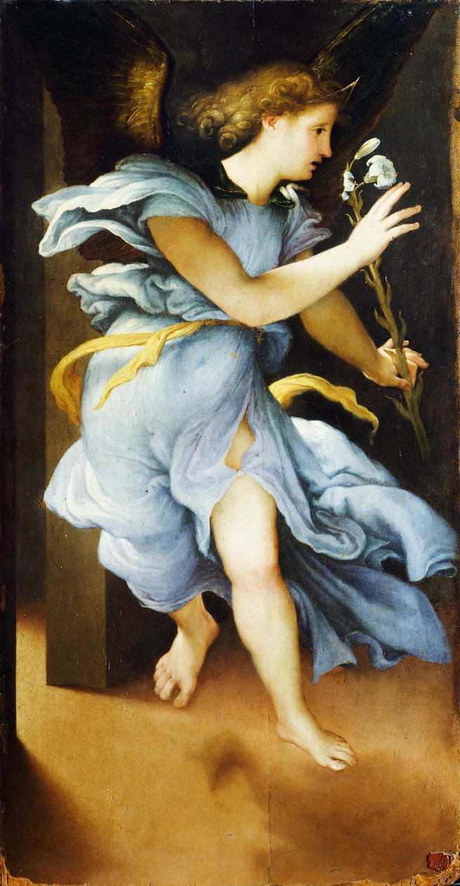 Verkündigungsengel, circa 1525, von Lorenzo Lotto (1480 ca- 1556), Öl auf Holz, 82x42 cm von Lorenzo Lotto