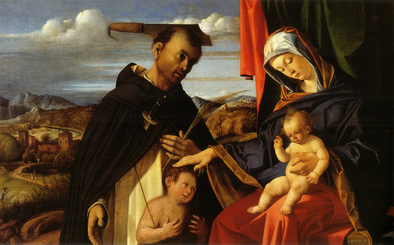 Madonna mit Kind, dem jungen Johannes dem Täufer und dem heiligen Petrus Märtyrer von Lorenzo Lotto