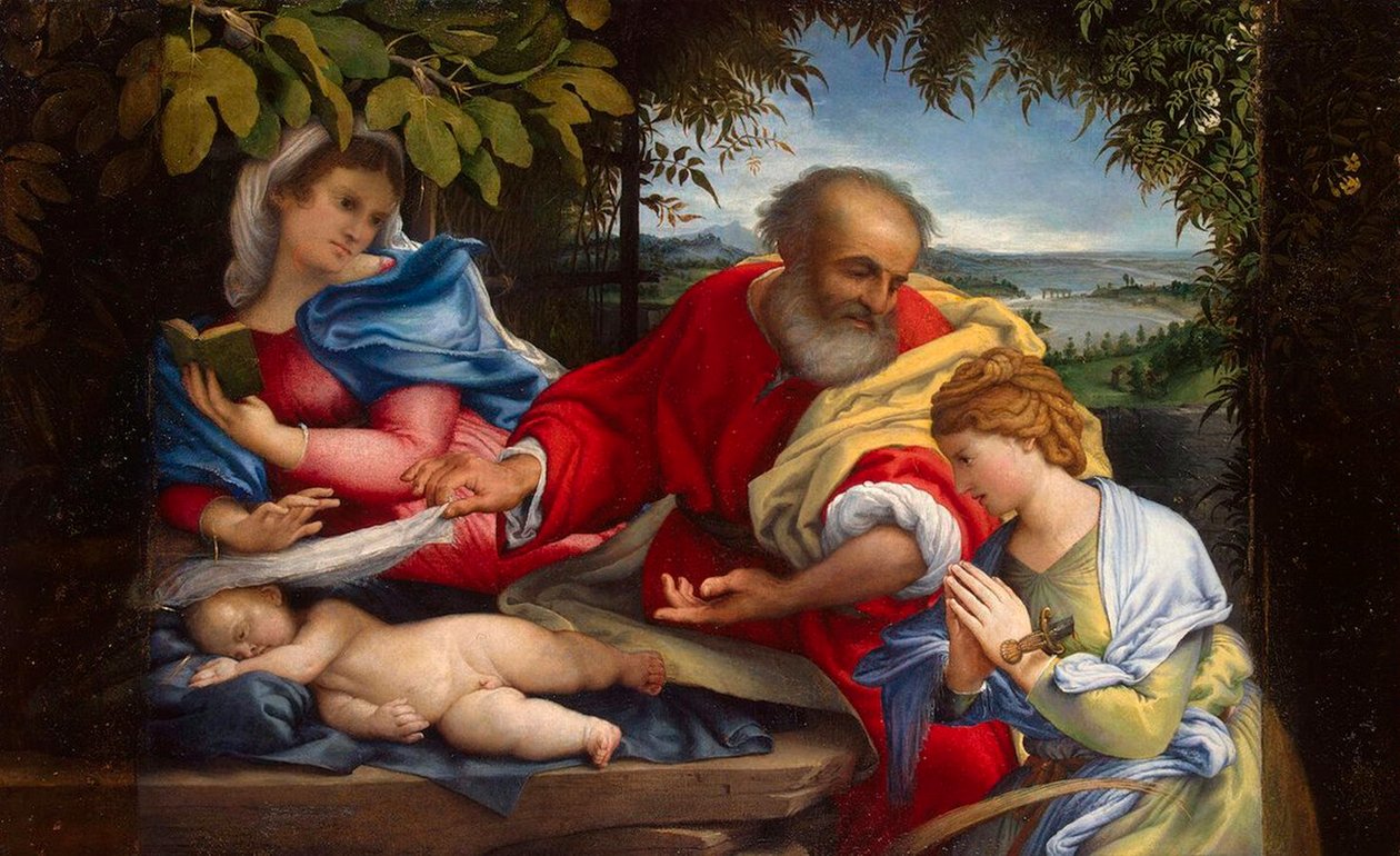 Ruhe auf der Flucht nach Ägypten mit der Heiligen Justina von Lorenzo Lotto