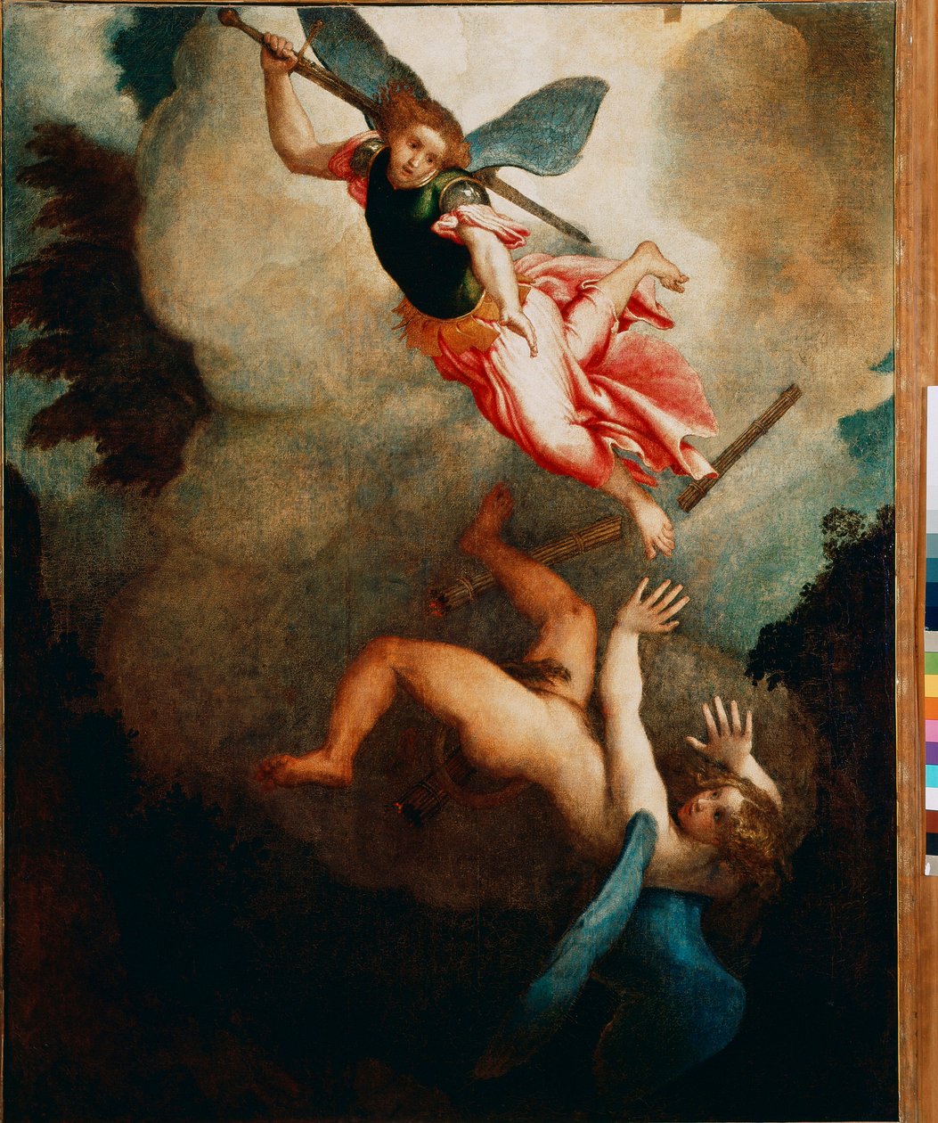 Der Erzengel Michael jagt Luzifer. Gemälde von Lorenzo Lotto, 1551-1555. Loreto, Palazzo Apostolico von Lorenzo Lotto