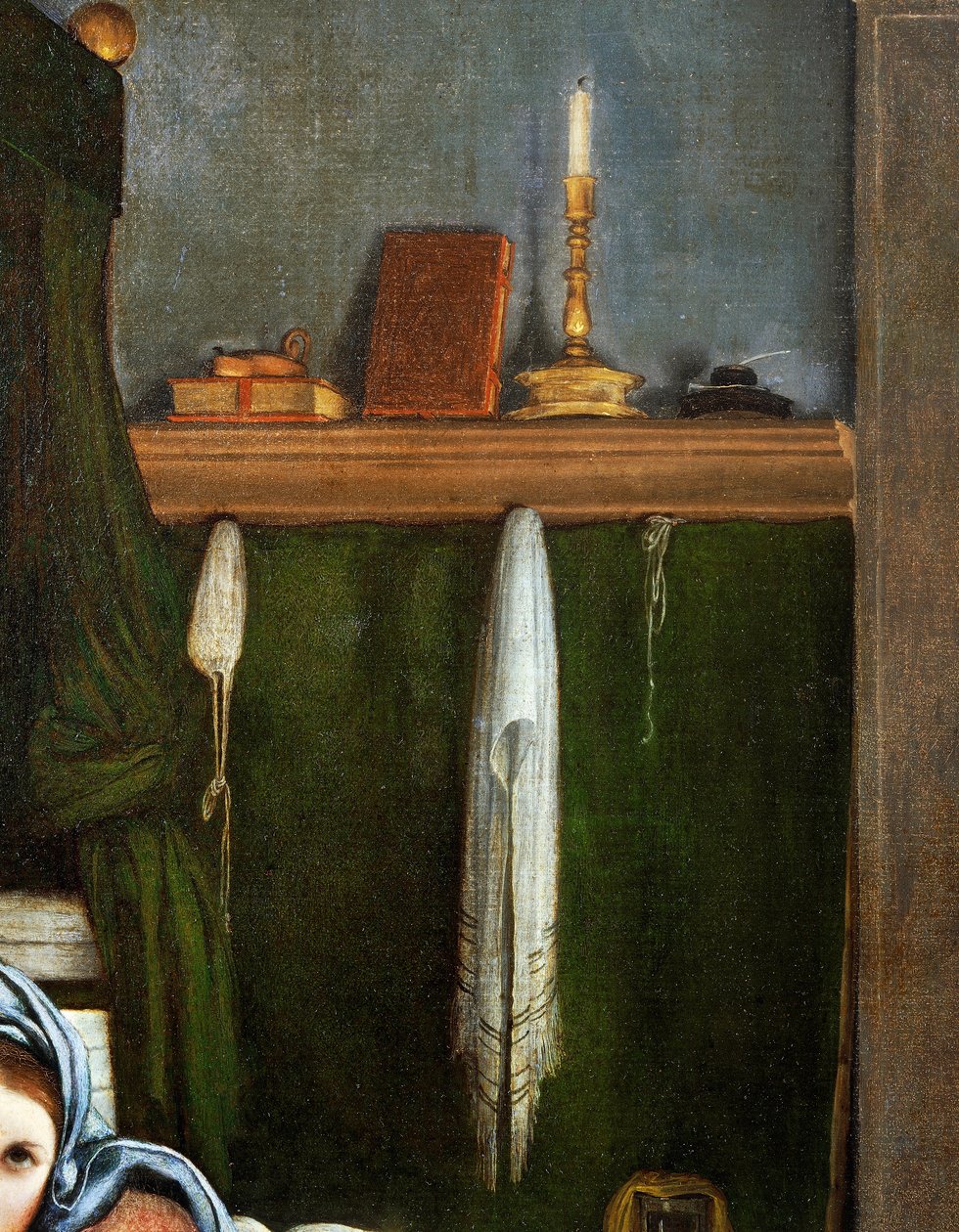 Regal mit Kandelabern und Büchern (Detail) von Lorenzo Lotto
