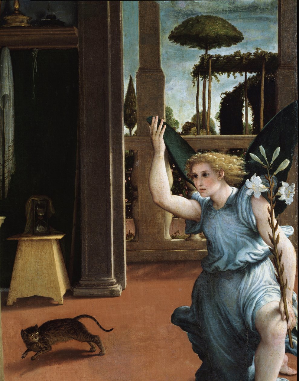 Die Verkündigung, Detail des Engels von Lorenzo Lotto