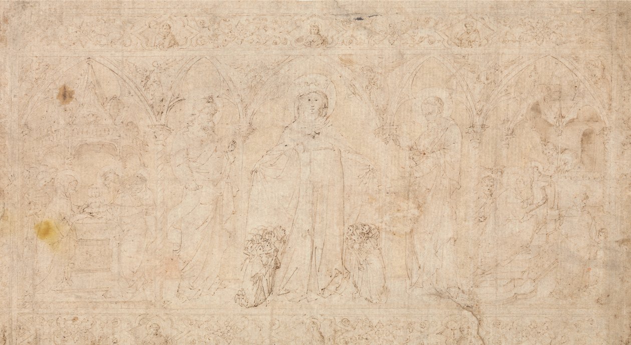 Entwurf für ein Antependium: Die Madonna della Misericordia mit den Heiligen Johannes dem Täufer..., ca. 1370 von Lorenzo Veneziano.