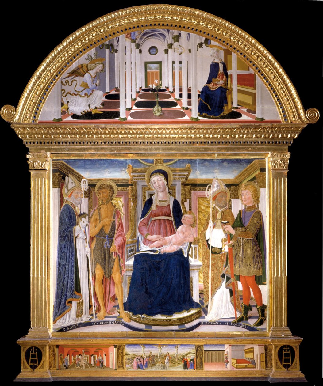 Madonna mit Kind und Heiligen Blasius, Johannes der Täufer, Nikolaus und Florian. Die Verkündigung, 1462 von Lorenzo di Pietro