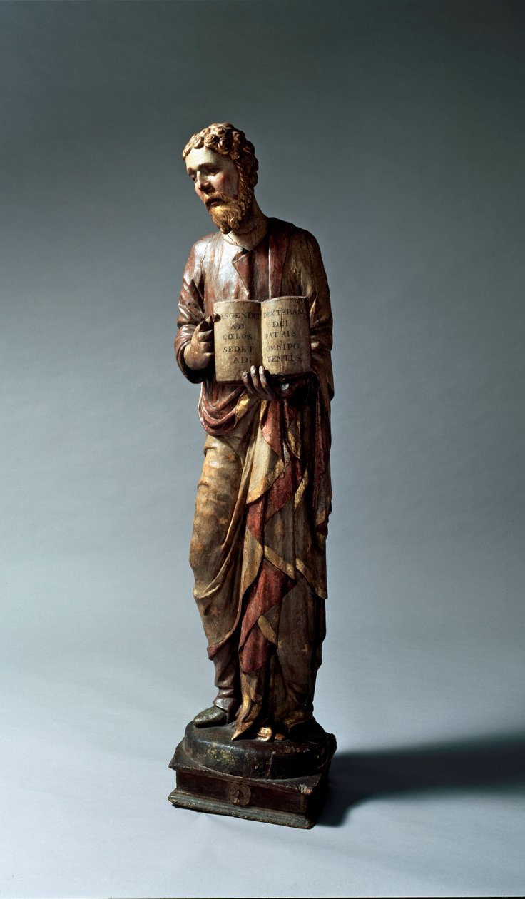 Darstellung eines unbekannten Heiligen. Polychrome Holzskulptur von Lorenzo di Pietro Vecchietta