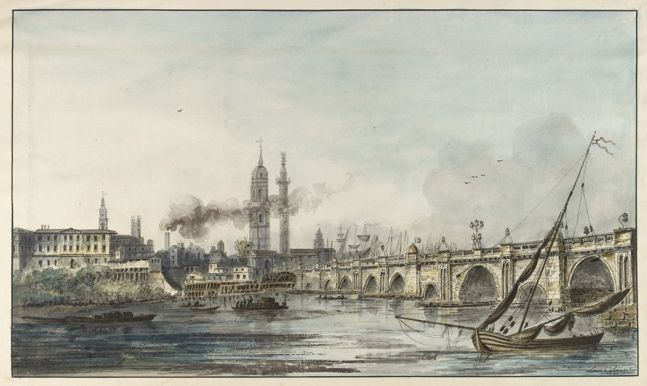Blick über die Themse zur Kirche St. Magnus und dem Monument mit der London Bridge rechts (Feder und schwarze Tinte mit Aquarell und weißer Körperfarbe auf hellcremem gewobenem Papier) von Louis Bélanger