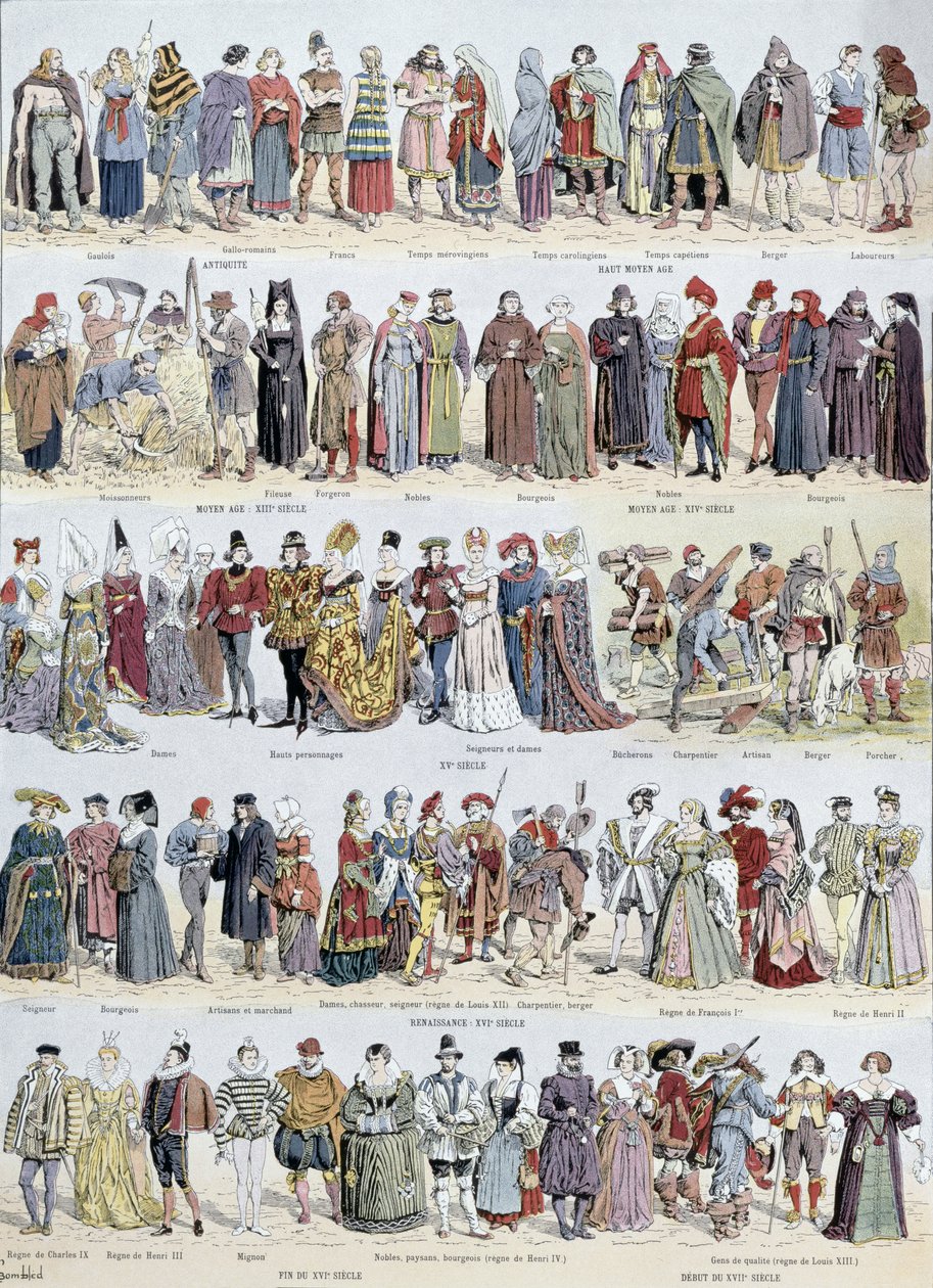 Bildliche Geschichte der Kleidung im alten Gallien und in Frankreich bis zum Beginn des 17. Jahrhunderts, veröffentlicht von Larousse, 1929 von Louis Charles Bombled