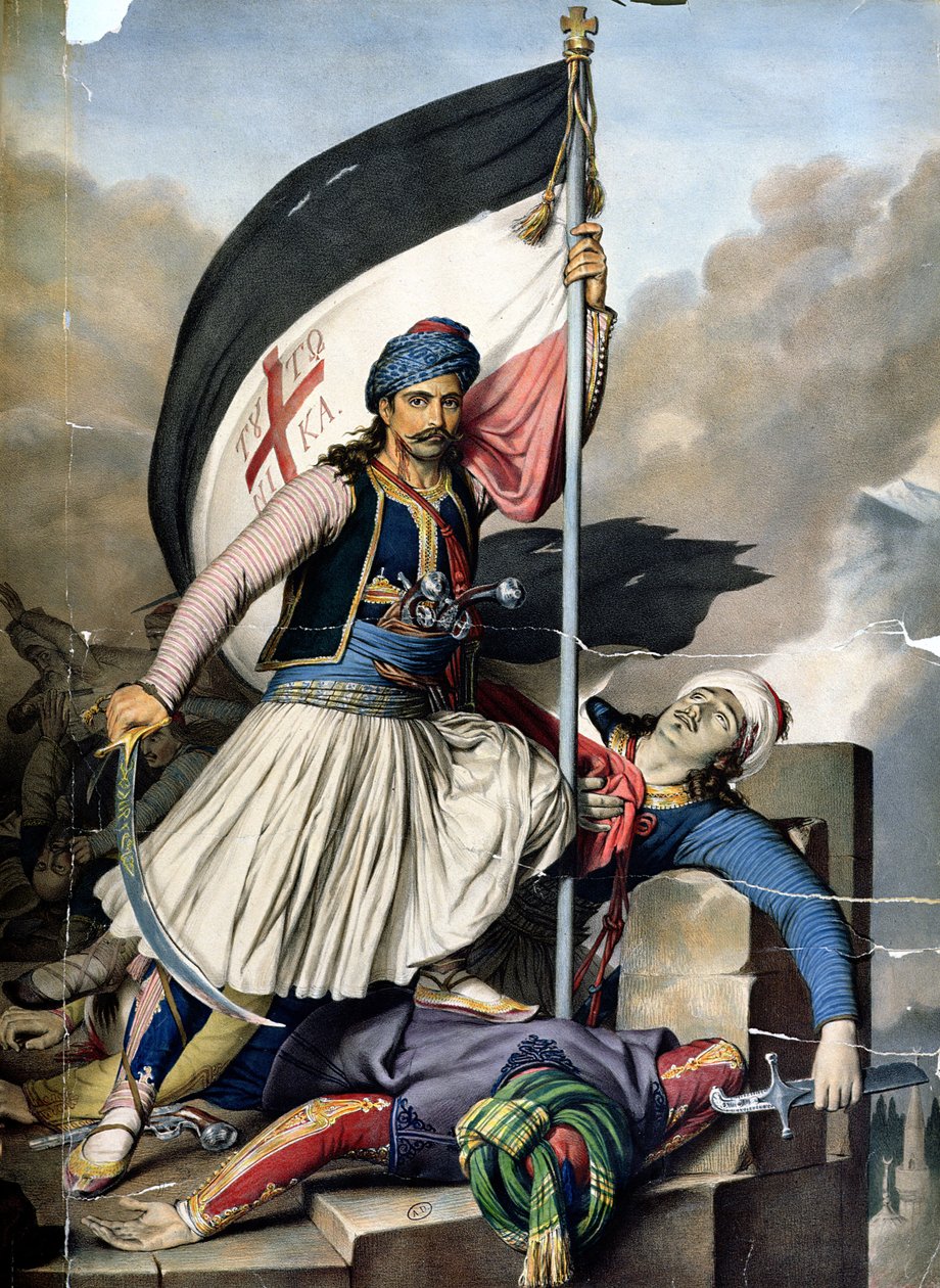 Die griechische Rebellion, der Fahnenträger in Salona am Ostersonntag 1821, Lithographie von Lemercier für 
