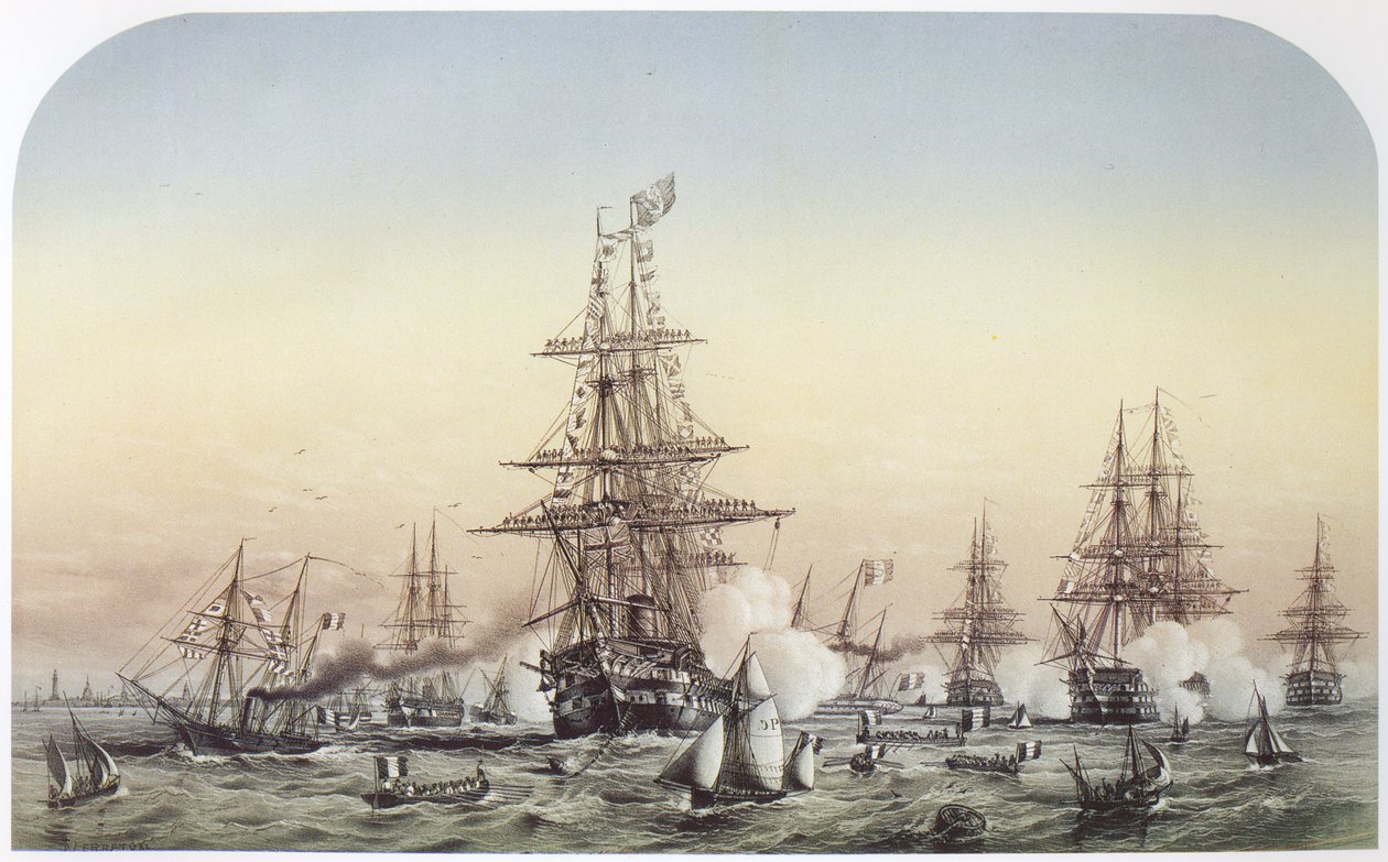 Napoleon III. in Calais, besucht das britische Geschwader, das nach Krim abfährt. 14. Juli 1854 von Louis Le Breton