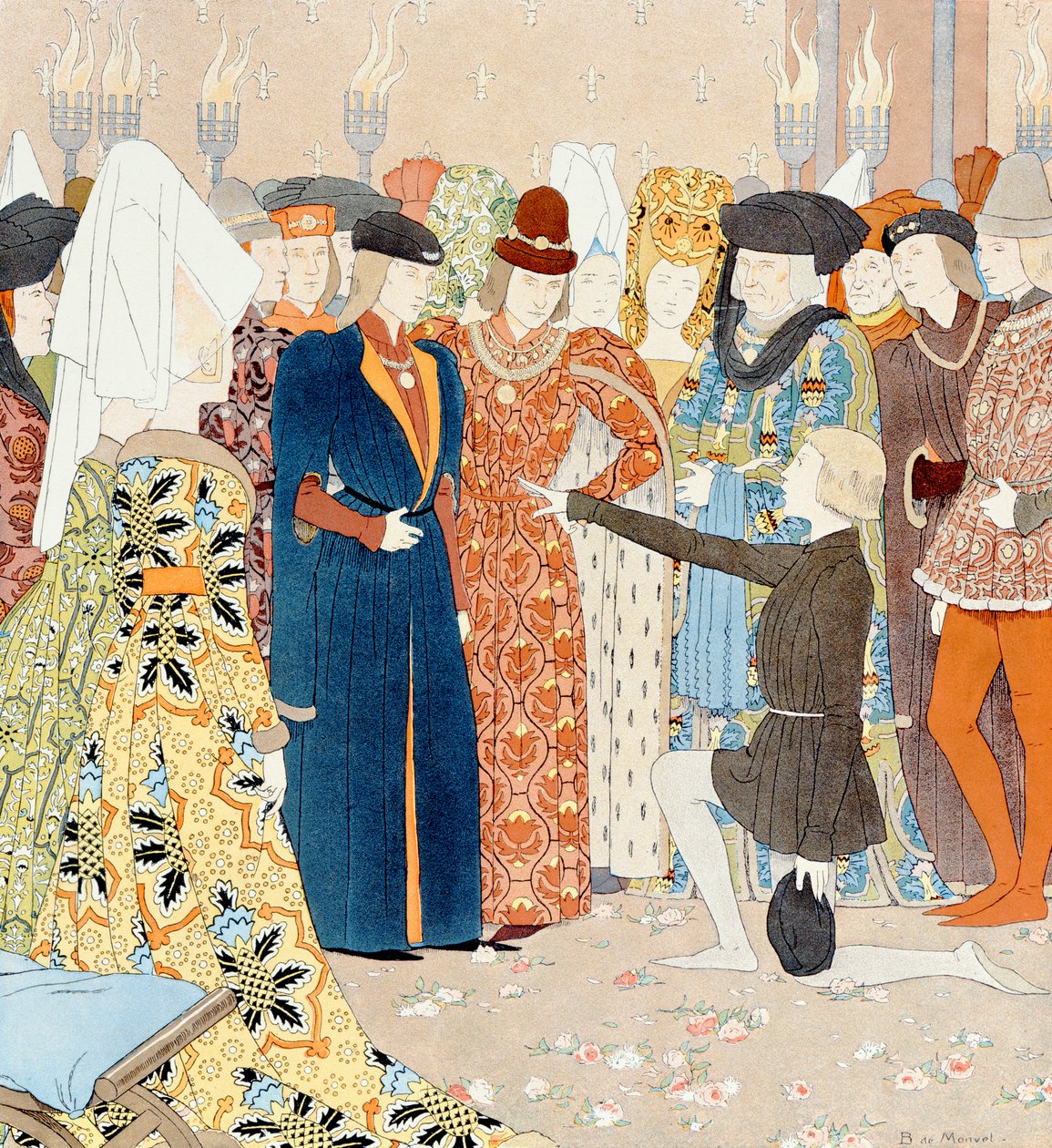 Johanna von Orléans erkennt König Karl VII. unter seinen Höflingen in Chinon, 25. Februar 1429, Illustration aus 
