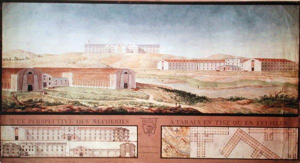Perspektivische Ansicht der Tabaktrocknungsfabriken, 1813 von Louis Michel Phelippeaux