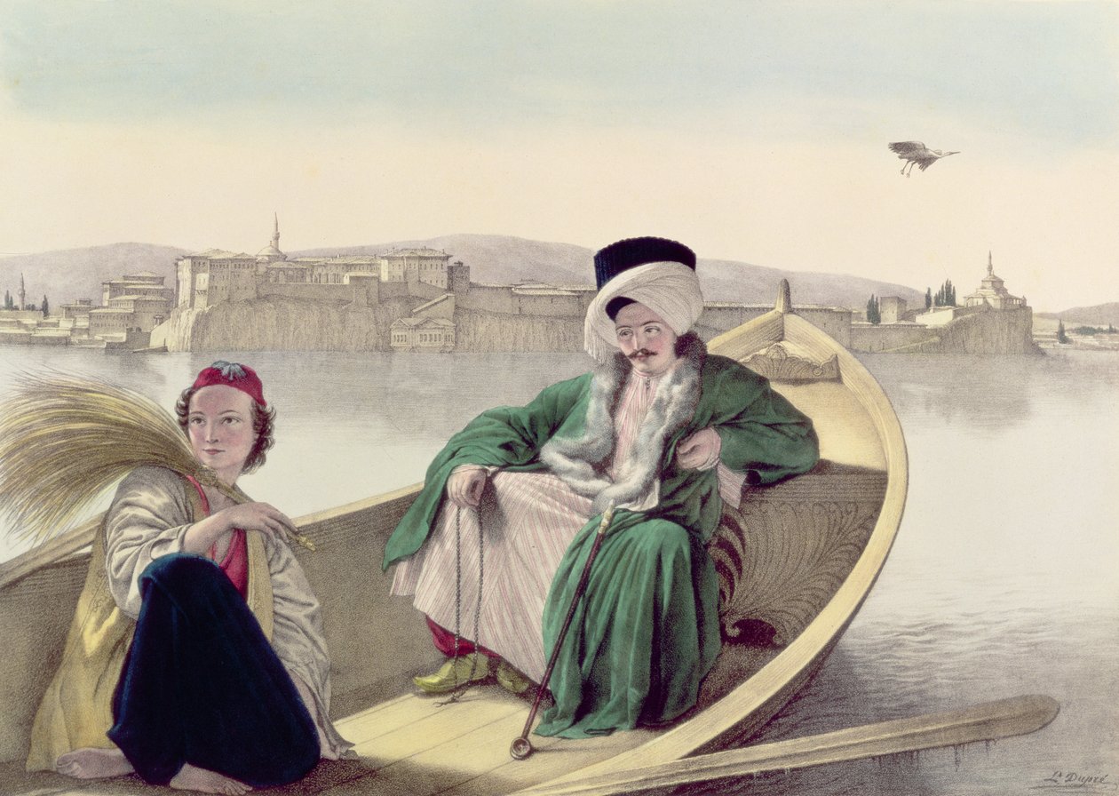 Reise nach Athen und Konstantinopel: Palast und Festung von Janina, vom See aus gesehen, ein Türke und ein junger Grieche von Louis after Dupre