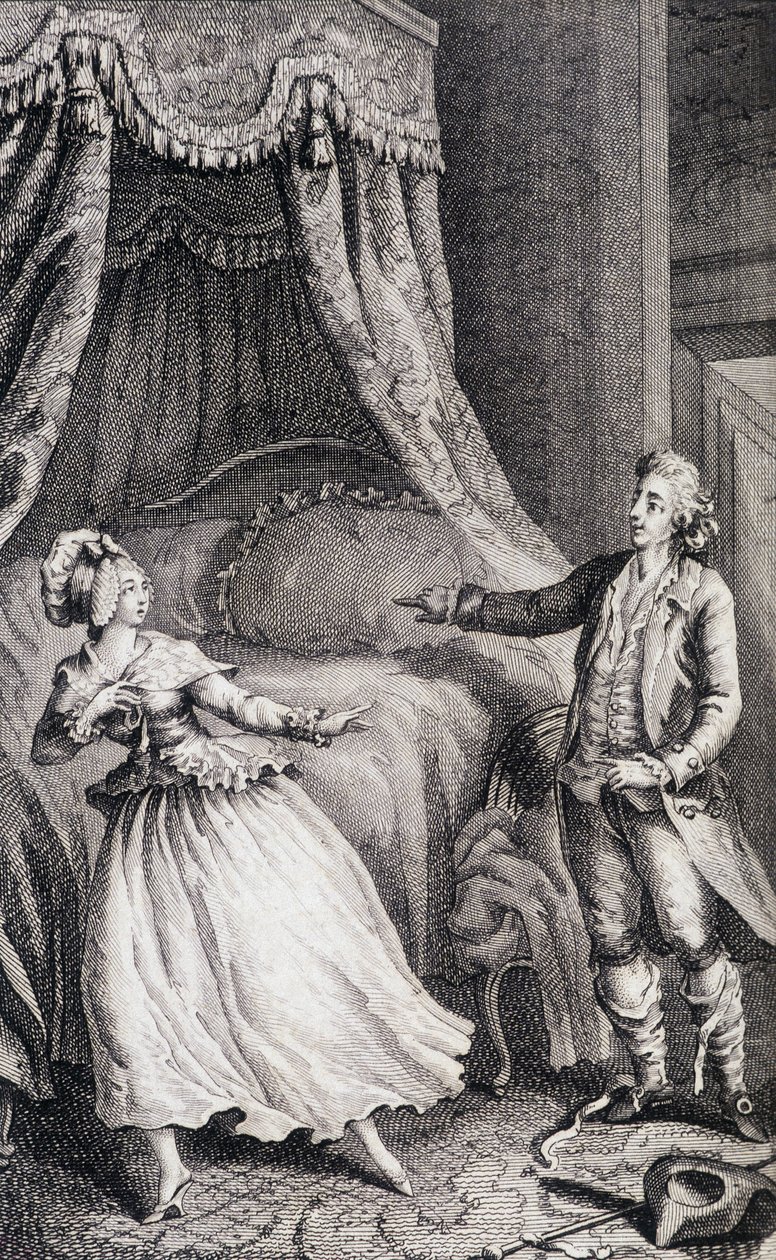Paar vor dem Bett des Schlafzimmers - in „Les francaises ou 34 examples chosen in the current mores fit to lead daughters, women, wives, mothers“ von Restif de La Bretonne (1734-1806), ill. von Binet, Neufchatel von Louis (after) Binet