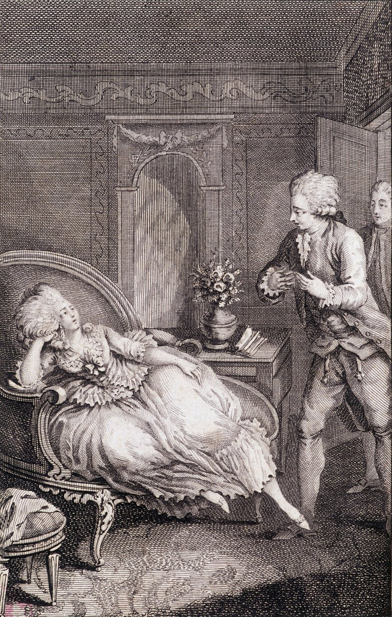 Gentilhomme erklärt einer Dame seine Liebe, die auf einer Schäferin schmachtet - in „Les françaises ou 34 exemples choisis dans les moeurs actuelles propres à diriger les filles, les femmes, les mères“ von Restif de La Bretonne (1734-1806), ill. von Binet, von Louis (after) Binet