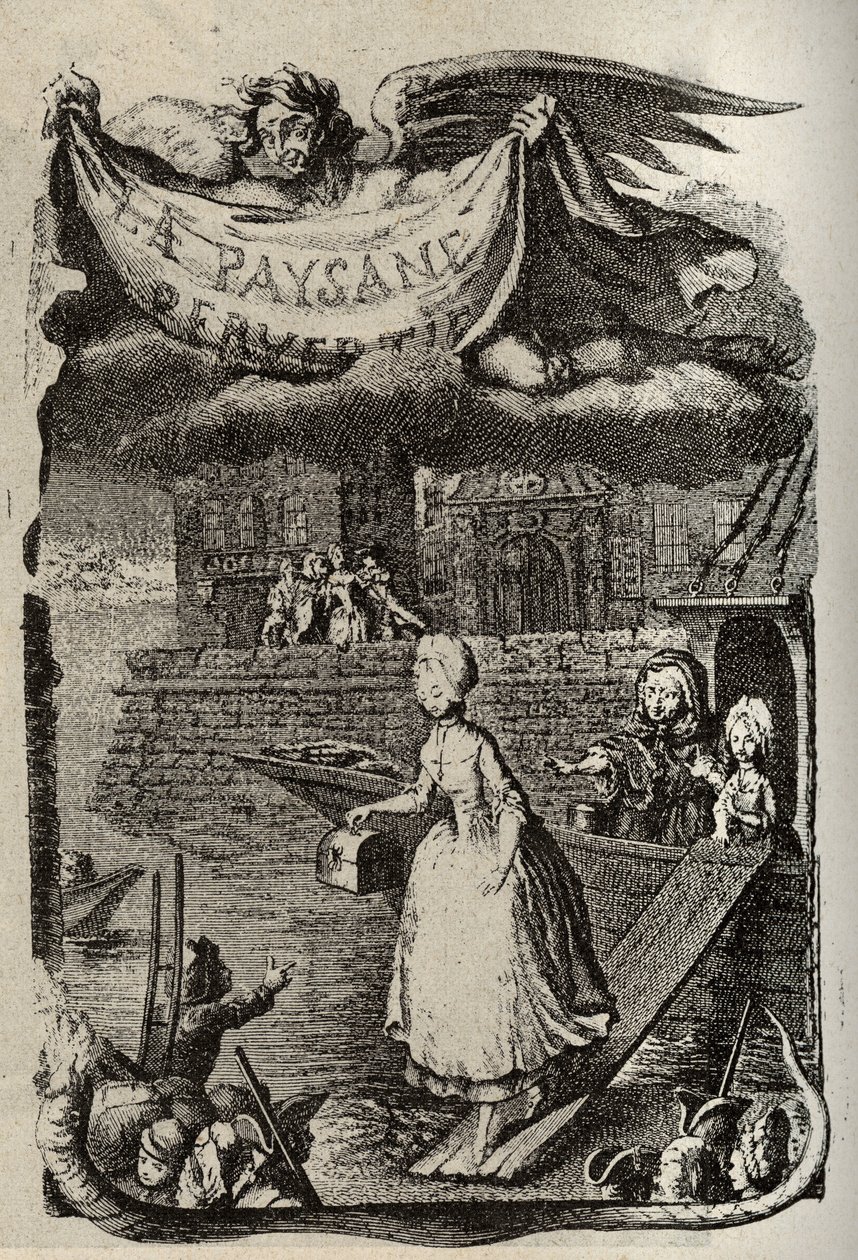 Illustration für „La Paysanne pervertie ou les Dangers de la ville“ von Restif de La Bretonne (1734-1806), französischer Schriftsteller. Gravur von Binet aus dem 18. Jahrhundert. von Louis (after) Binet