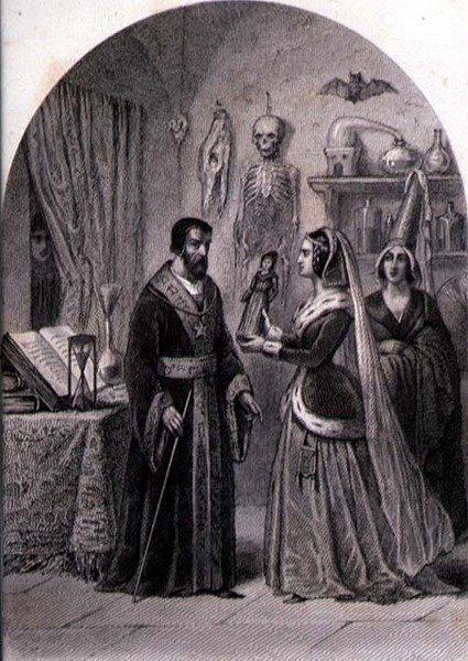 Ein Kunde besucht einen Zauberer, gestochen von Philibert Langlois (fl. ca. 1834-9) von Louis (after) Marckl