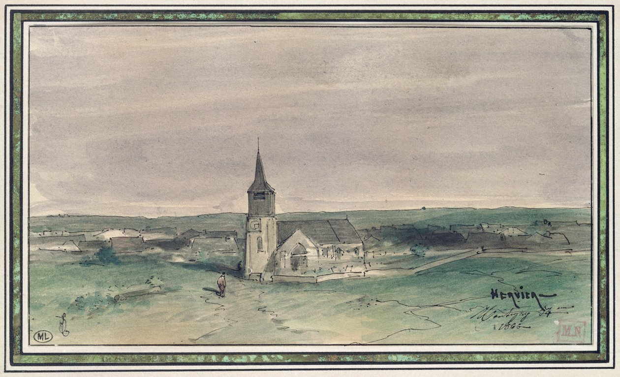 Kirche und Dorf in der Mitte eines Feldes, Montigny, 1866 von Louis Adolphe Hervier